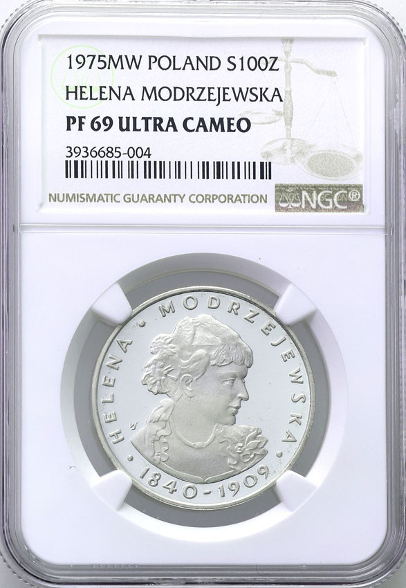 PRL. 100 złotych 1975 Helena Modrzejewska NGC PF69 ULTRA CAMEO (2 MAX)